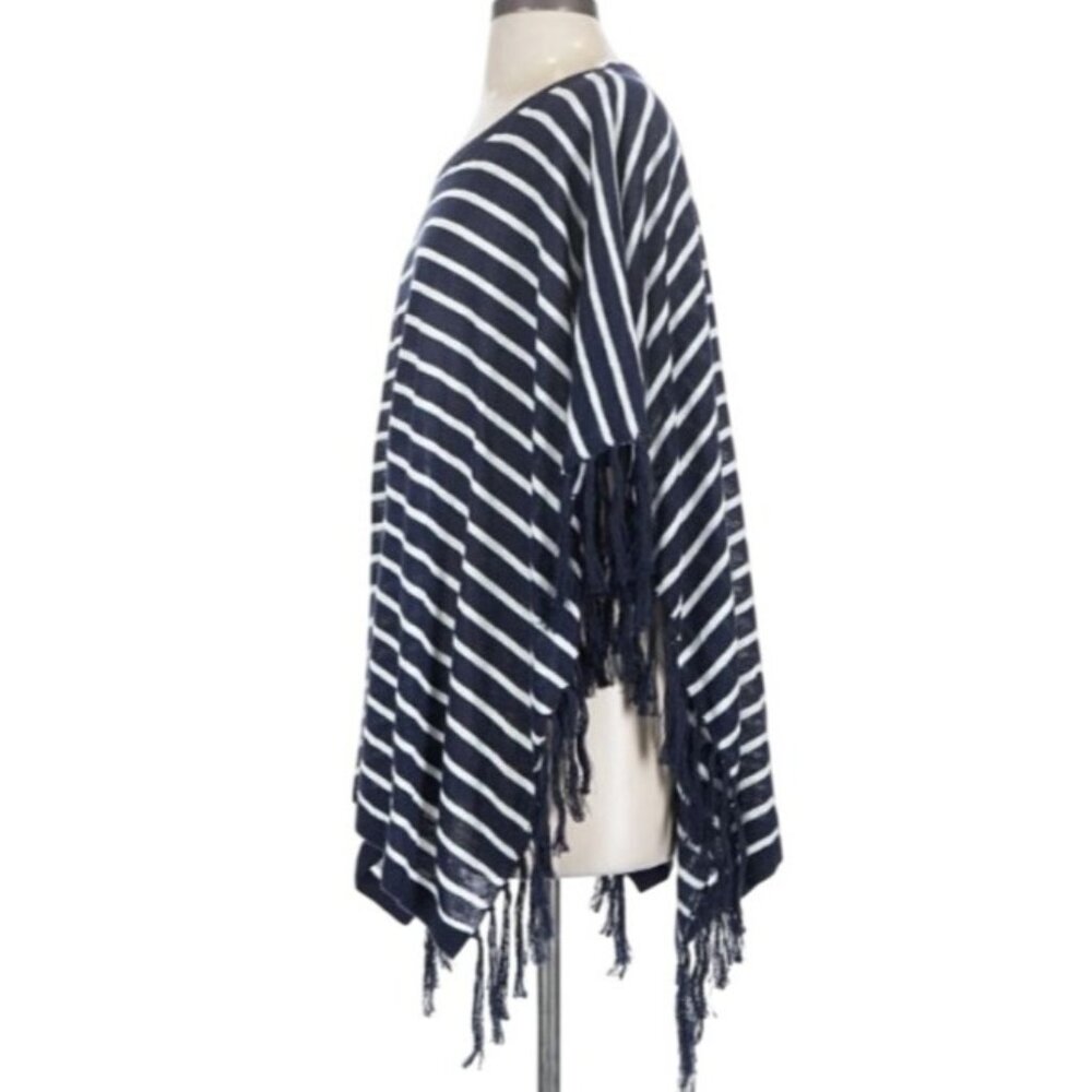 Talbots XS Blue White Striped Linen Blend Poncho Fringe Nautical Preppy Classic - Picture 5 of 8